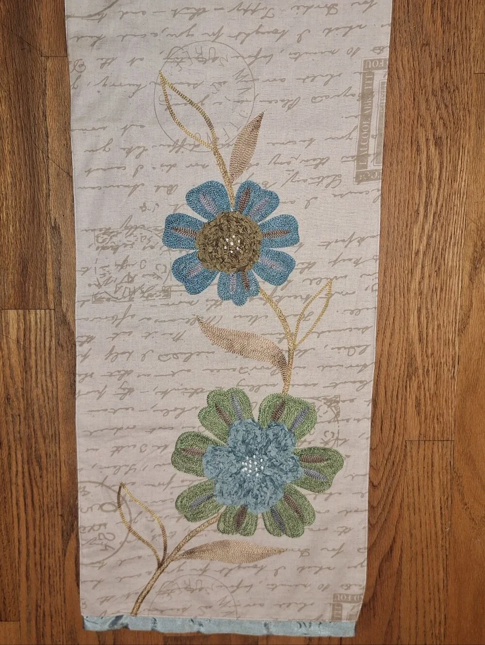 PIER 1 IMPORTS CottonLinen 13x76 Embroidered Azure Verde Floral Table Runner